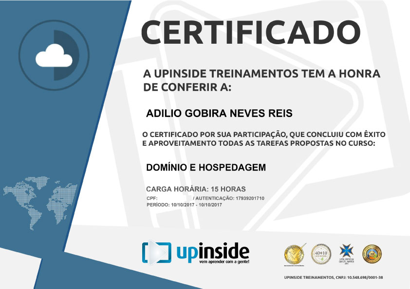 Certificado de Adilio Gobira Neves Reis no curso Domínio e Hospedagem na UpInside Treinamentos