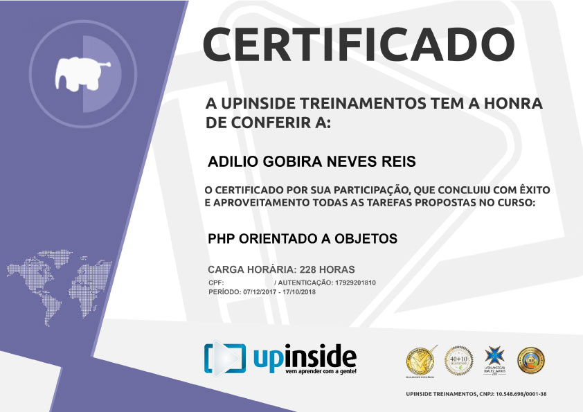 Certificado de Adilio Gobira Neves Reis no curso PHP Orientado a Objetos na UpInside Treinamentos