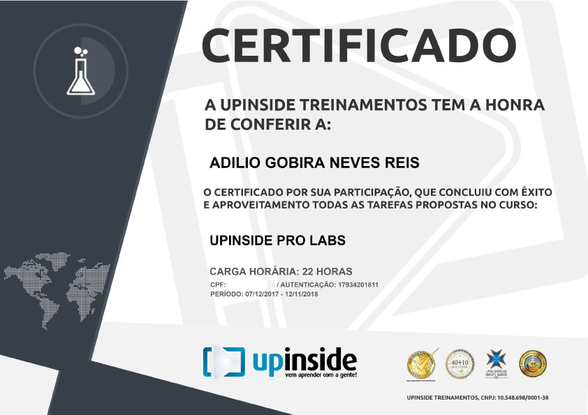 Certificado de Adilio Gobira Neves Reis no curso UpInside Pro Labs na UpInside Treinamentos